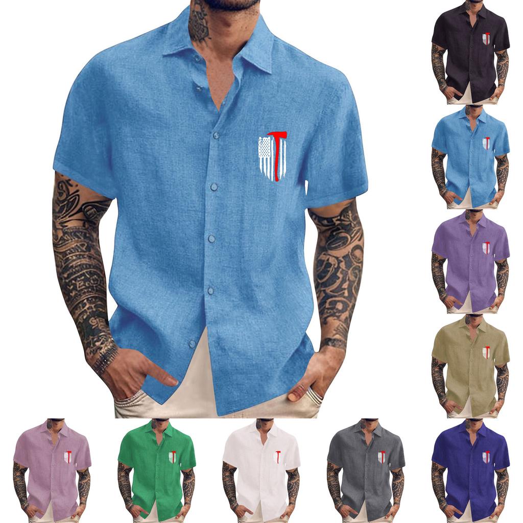 Men's Vintage Button Down Bowling Shirts Short Sleeve Summer Beach Shirt