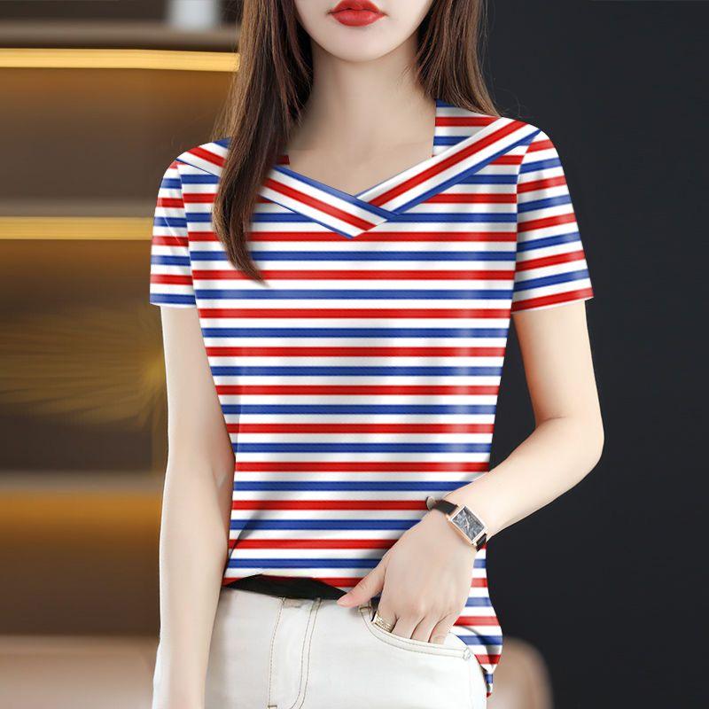 Summer Women's Cotton T-shirt Short Sleeve V-neck Striped T-shirt Top