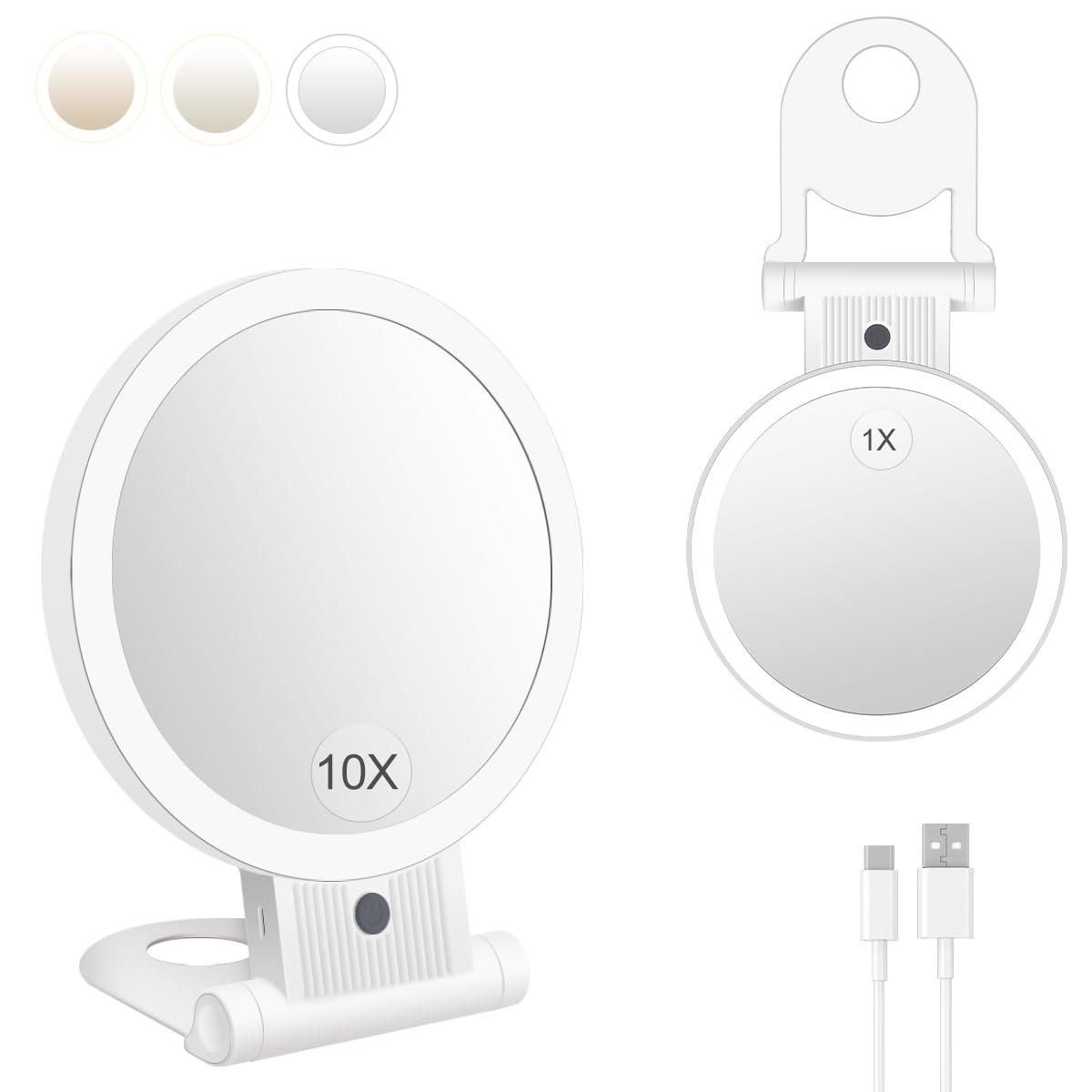 

Большое светодиодное зеркало для макияжа 19 см с 1x и 10x настольным трехцветным регулируемым USB 2000 мАч высоко компактным белым двусторонним светом, увеличением, зеркалом, белый