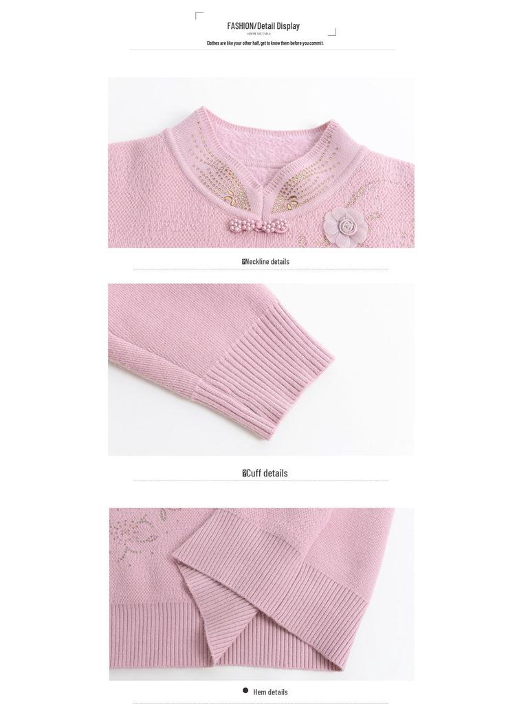 Mom's Red Winter Sweater - Velvet-Thickened Base Layer for Weddings, Mother-in-Law Approved, Zodiac Year Style for Middle-Aged & Elderly Women