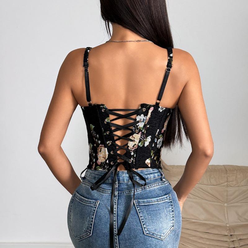 Vintage Floral Jacquard Push Up Underwire Bustier Tank Top