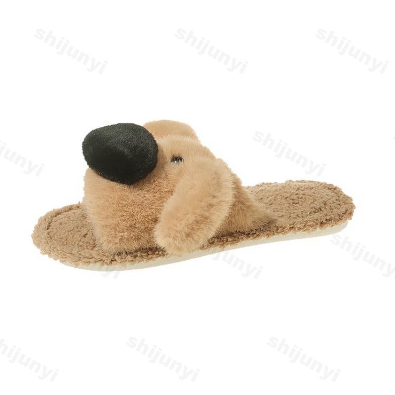 Fashion Women One Word Slippers Autumn Winter Cute Cartoon Lightweight Comfortable Plush Shoes Indoor Warm Non Slip Home Cotton Slippers