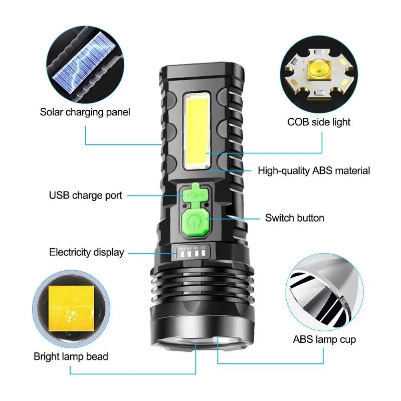 Solar USB Rechargeable LED Flashlight COB Side Light 4 Gears Strong Light 1200mah  Power Display Waterproof Outdoor Lantern