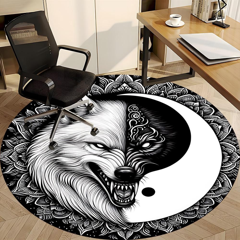 1PC Wolf Yin Yang Office Round Rug, Non slip, Soft and Durable Office Rug for Interior Decoration, Perfect for Office