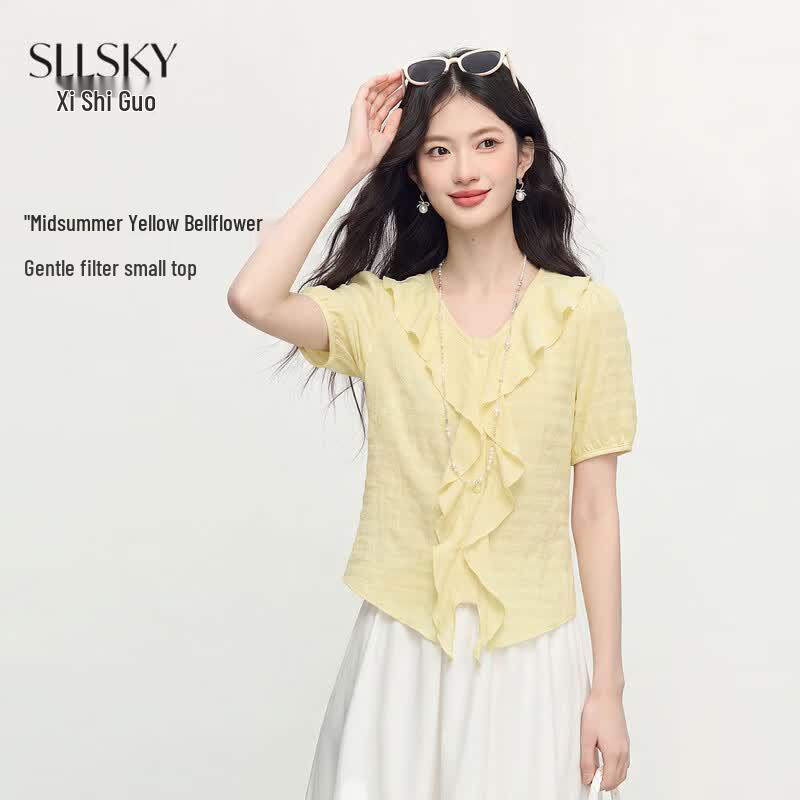 SLLSKY Women s Ruffle V-Neck Puff Sleeve Blouse 2XL