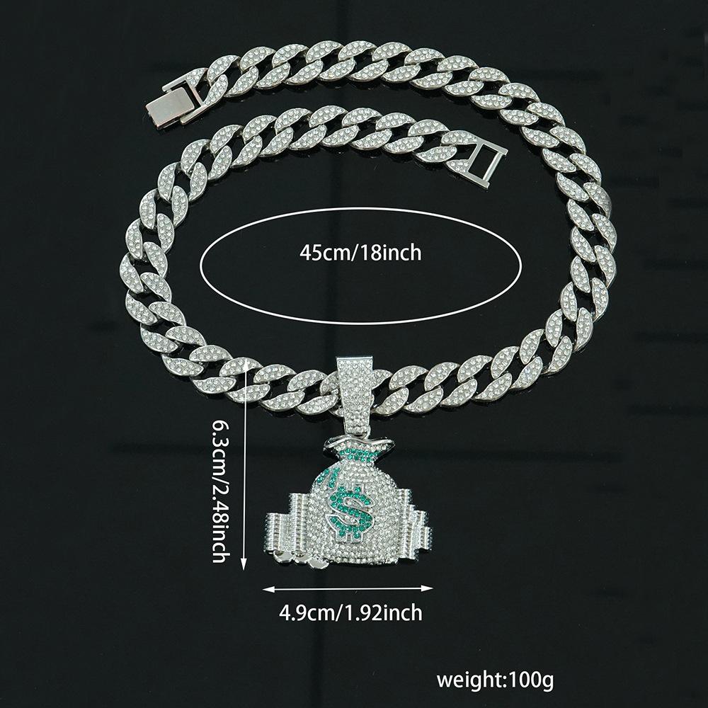 Popular diamond-encrusted money bag pendant, new alloy necklace, daily casual wear, personalized hip-hop Cuban chain.