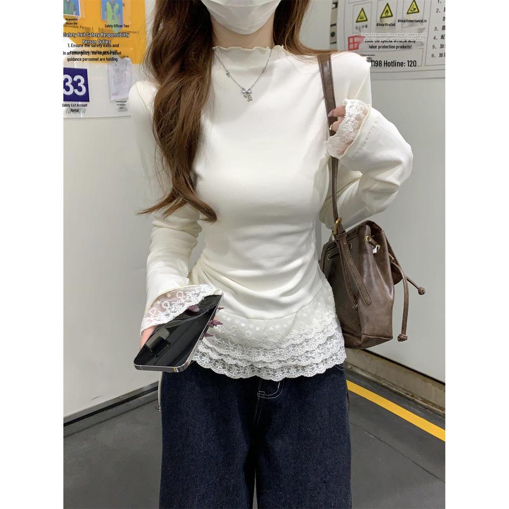 Women's Slim Fit High Neck Lace Trim Drawstring Long Sleeve Top for Autumn/Winter