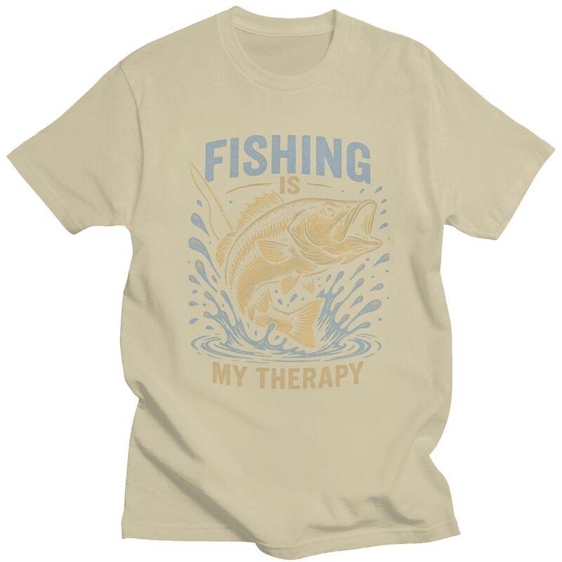 Fishing Is My Therapy T Shirt Men Short Sleeve Angler Fishman Lover Tshirts Casual Tee Tops For Husband Father Oversized Tshirt