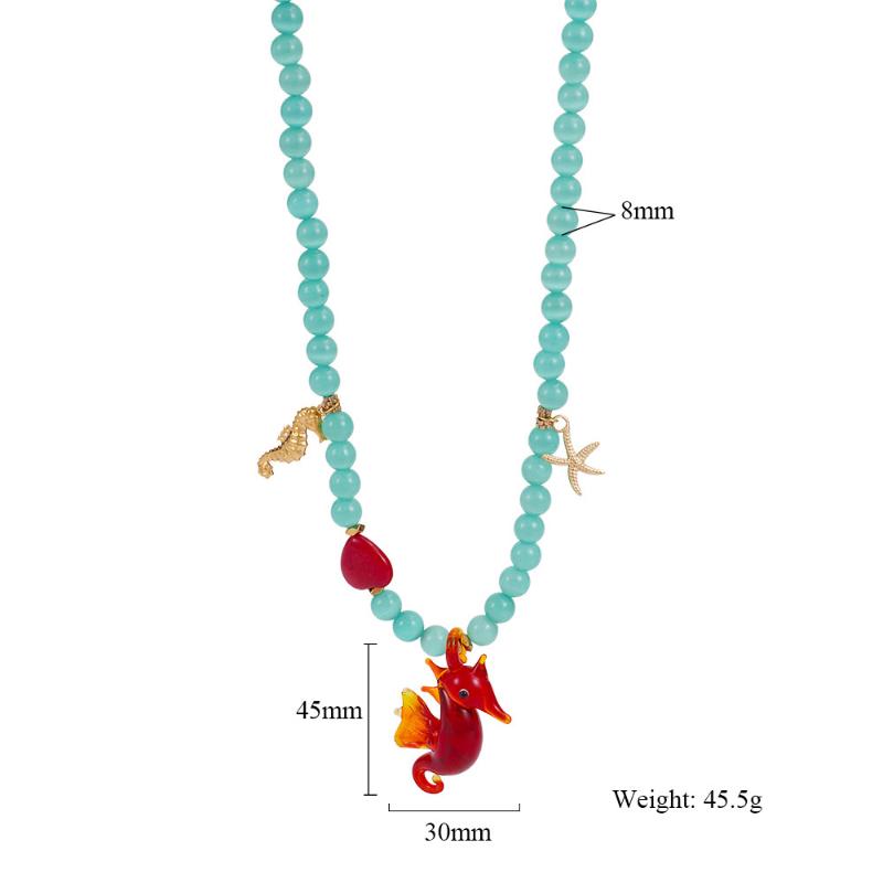 Necklace Colored Natural Stone Sea Horse Sea Star Flower Stainless Steel Pendant Women'S Beach Style European American