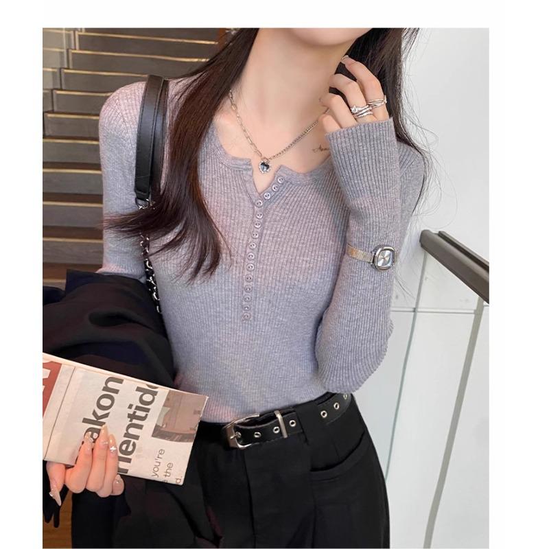 Spring Autumn Knitted V-neck Long Sleeve Slim Jumper Tops Women Sweater Pullover Solid Button Ladies Casual Shirts Soft Sweaters