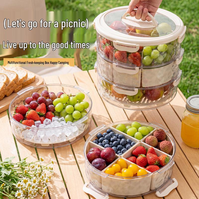 Portable Fruit and Snack Tray with Fresh-Keeping Compartments – Transparent Storage for Outings, Picnics, Camping, and Refrigerator Use