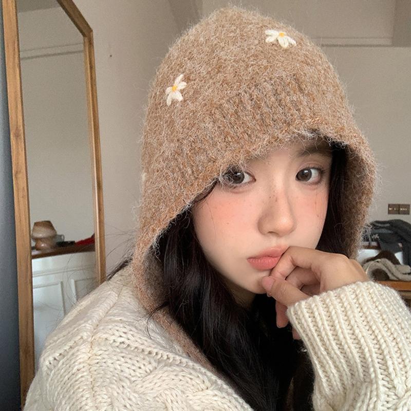 Women Warm Windproof Ear Protection Hat Scarf Small Flower Casaul Knitted Hat
