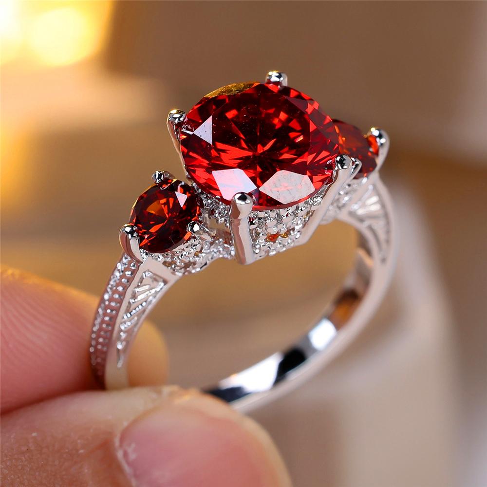 

Vintage Female Red Crystal Jewelry Cute Silver Color Wedding Rings For Women Luxury Engagement Valentines Day Gift 7