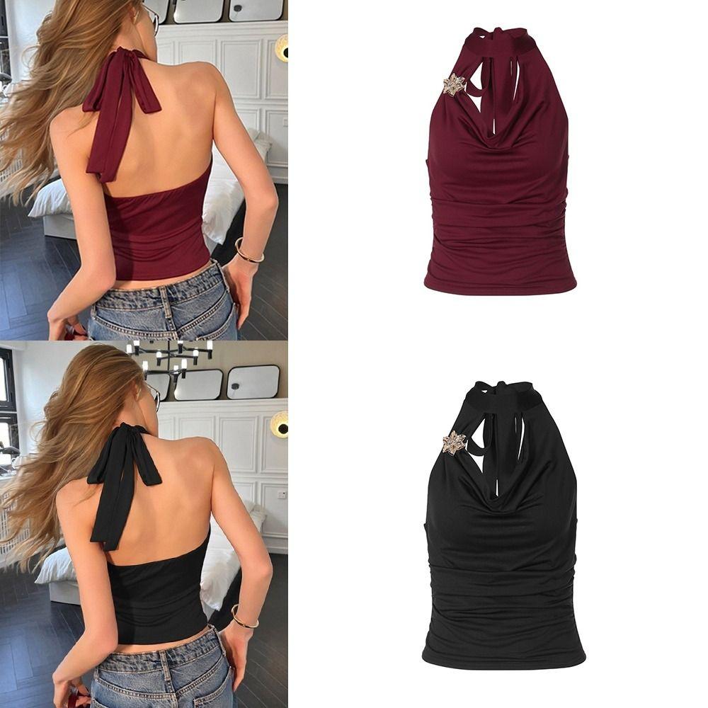 Sleeveless Lace-up Camisole Pleated Backless Vest Women Tank Top Hanging Neck Top  Girl