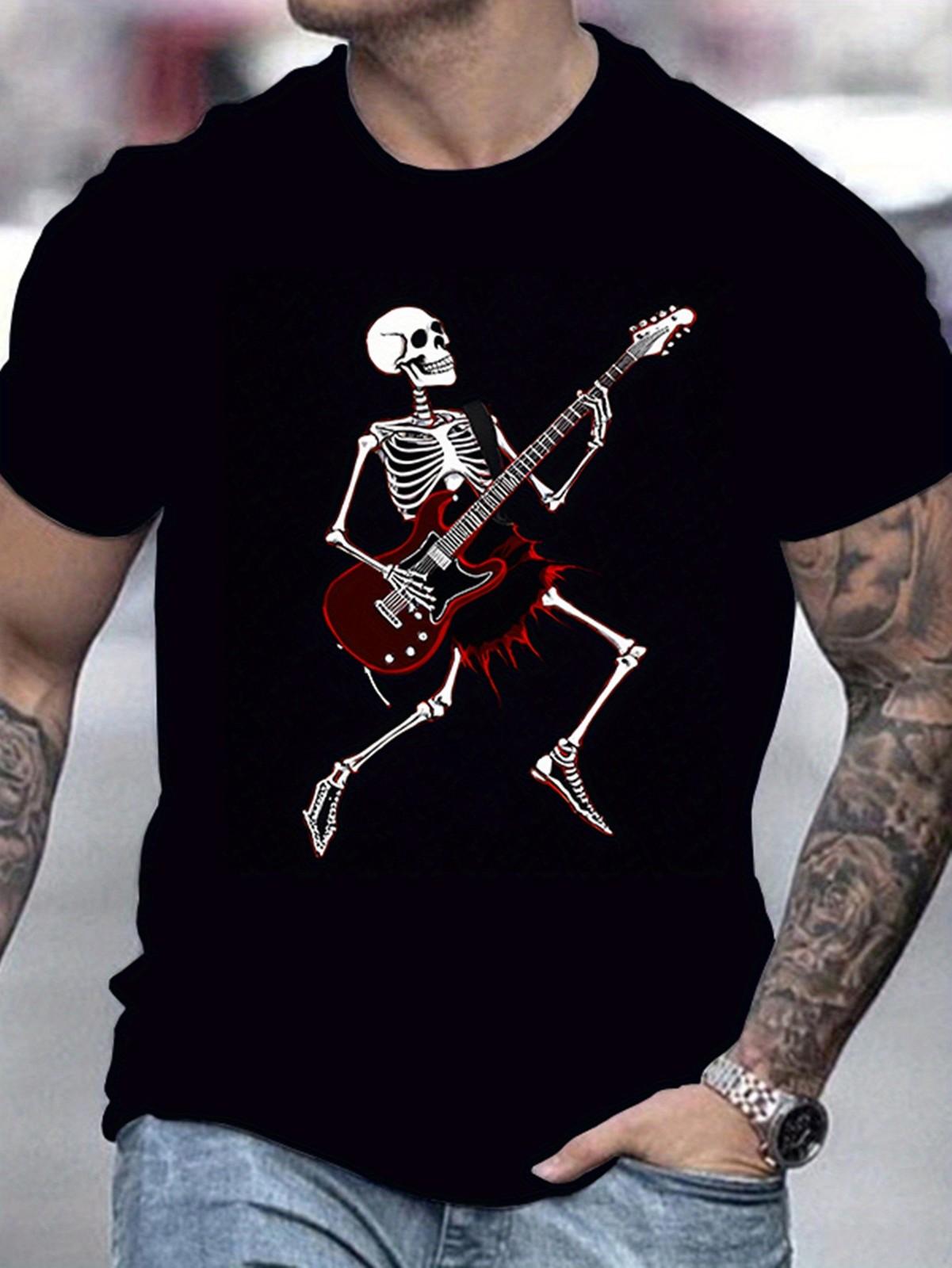 Men s Halloween Short Sleeve Skull Guitar Print Round Neck Casual T-shirt S разноцветный