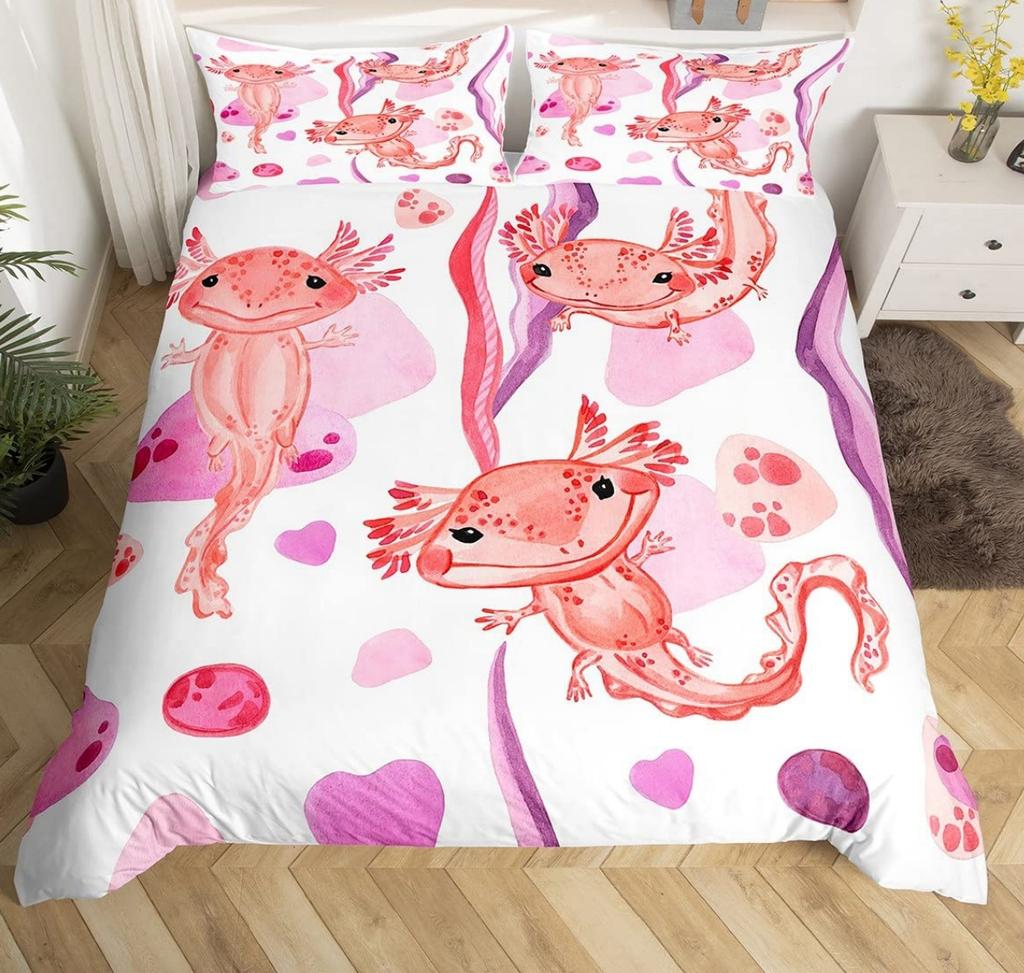 Cartoon Pink Axolotl Floral Duvet Cover King Size 3D Cute Salamander Bedding Set Suitable For Boys Girls Room Decoration 3 Pcs