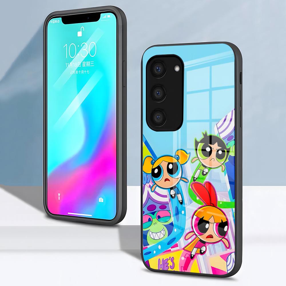 The P-Powerpuff Girls Cute Phone Case For Samsung S26 S25 S24 FE S23 S22 S21 Plus S20 Ultra Note20Ultra Black Glass Cover