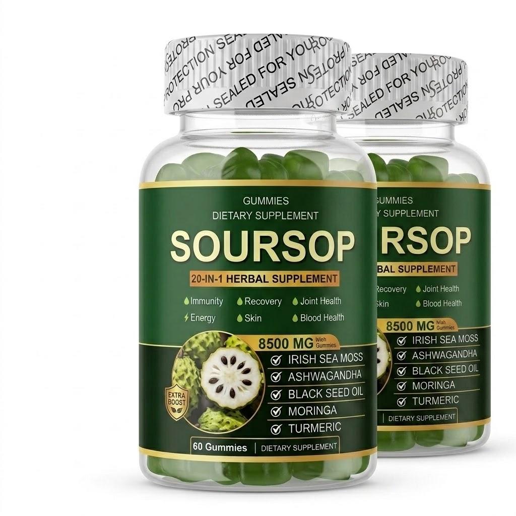 Gommose Erbali 20-in-1 alla Graviola 8500mg – Complesso di Muschio Marino, Ashwagandha e Olio di Semi Neri – Potenziatore di Immunità ed Energia (60 Conte)