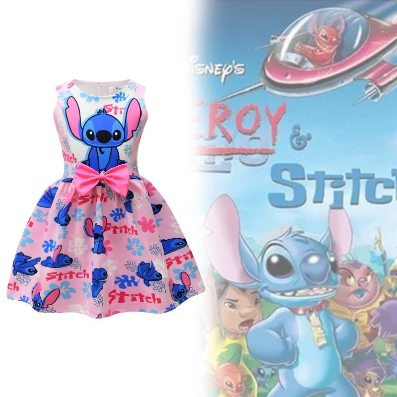 Lilo Stitch Girl Dress With Cotton Blend Fabric And Cartoon Pattern For Kids Ages 3 To 8