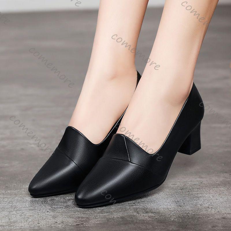 Fashion Comemore Spring and Autumn New Pumps Single Shoes Black 5cm 7cm Thick Heeled Women Shoes Casual Soft Leather Mother Work Shoes