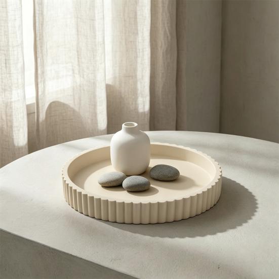 Round Decorative Tray for Coffee, Dining Table, Countertop, 3D Printed Scalloped Edge Serving Tray for Farmhouse, Kitchen, Home, Living Room