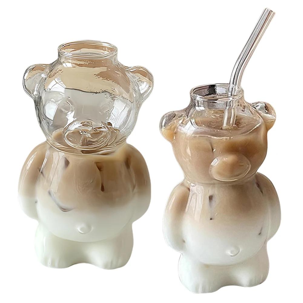 Cartoon Bärenförmige Kaffeetasse Ins Niedliche Bär Tasse Glasbecher mit Strohhalm Milch Gewindetasse für Frauen Kinder Haushalt Geburtstagsgeschenke