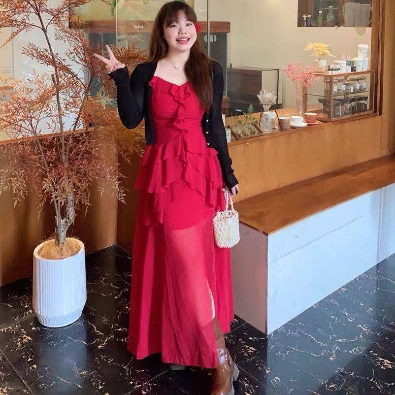 Elegant Red Ruffle Spaghetti Strap Dress for Women - Perfect for Summer Beach Vacations S