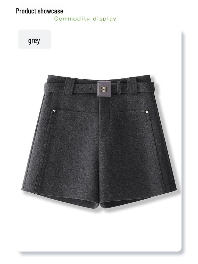 Women's Gray Woolen Straight-Leg Pants & A-Line Booty Shorts - Slimming, Autumn/Winter 2024 Collection