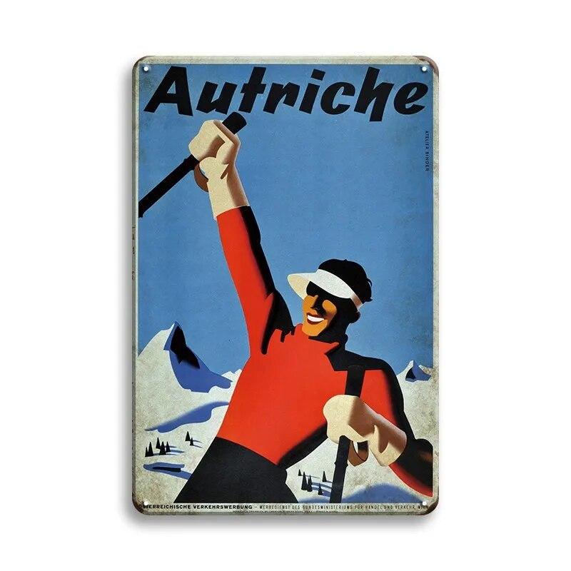 Skiing Baseball Metal Sign Austria Vintage Posters Sport Club Ski Metal Plaque Decorative Metal Plate Iron Painting Sport Wall