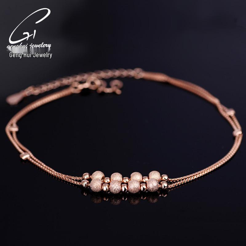 925 Sterling Silver Rose Gold Double Layer Frosted Bead Anklet - Korean Style Fashion Jewelry 925 Sterling Silver
