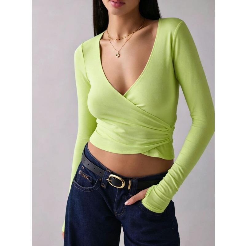 Women S Slim Fit V Neck Long Sleeve T Shirt With Cross Waist Wrap