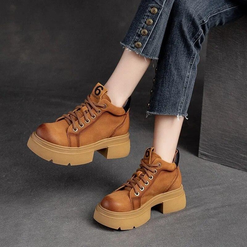 Johnature Retro Genuine Leather Lace-up Short Boots Round Toe Thick Sole Casual Versatile Women's Shoes