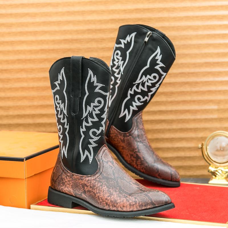 

Fashion High Quality Embroidered High Top Men Leather Boots Classic Retro Style Western Denim Boots Fashionable Luxury Brand Casual Boot 46 коричневый