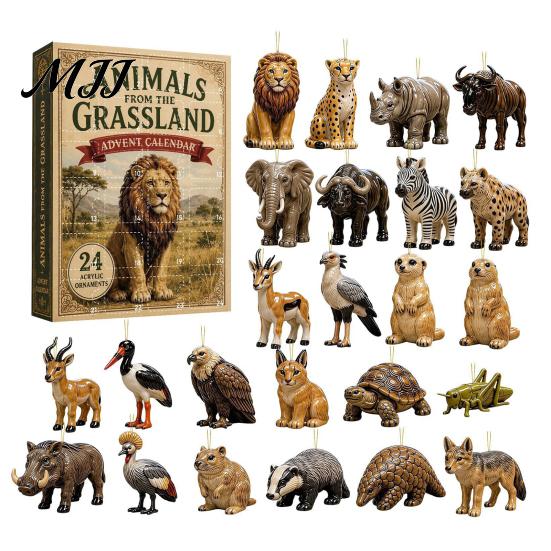 Seasonal Home Decor Christmas Cat Dog Advent Calendar, 24Pcs Acrylic 2D Ornament Set Pet Lover Keepsake with Cute Kitten/Dog/Lion Designs, Holiday