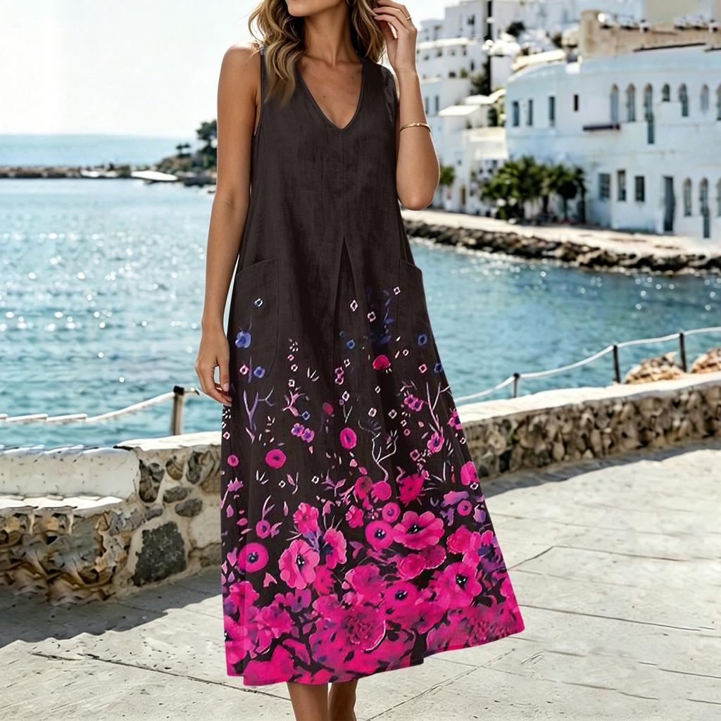 Sleeveless V Neck Midi Dress with Leaf Pattern Print Loose Fit Casual Style Lightweight Fabric
