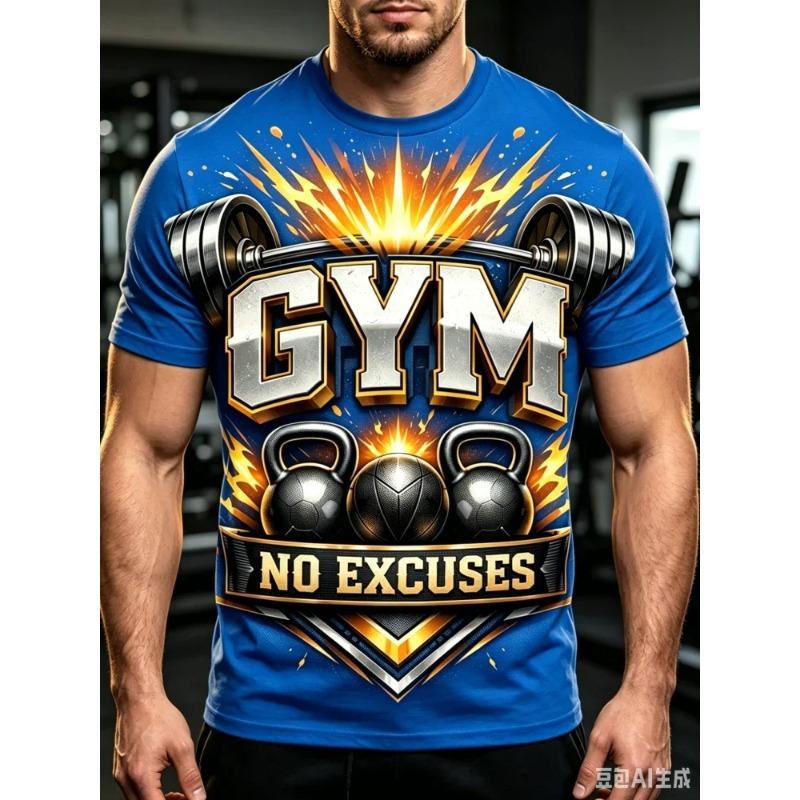 Fashion New Men's GYM No Excuses Barbell Kettlebell Explosion Print T-Shirt Fitness T Shirt Casual Streetwear Short SleeveTops