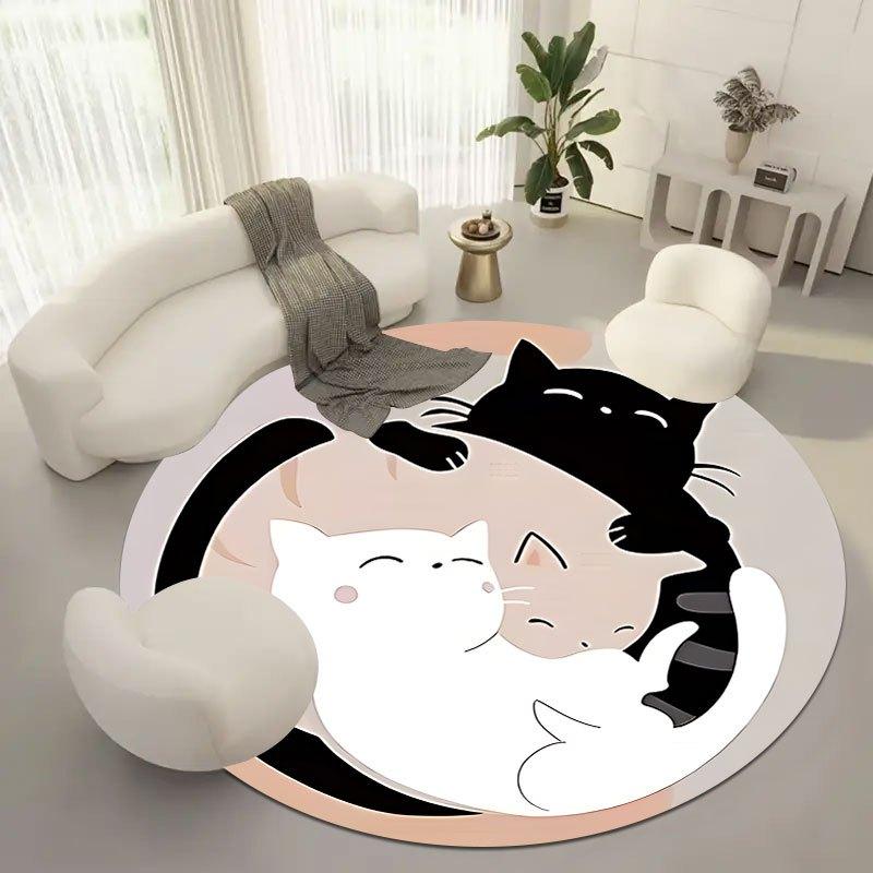 pattern of Yin-Yang cats Flannel-printed round floor mats are slip-resistant Suitable living room bedroom terrace garden carpets