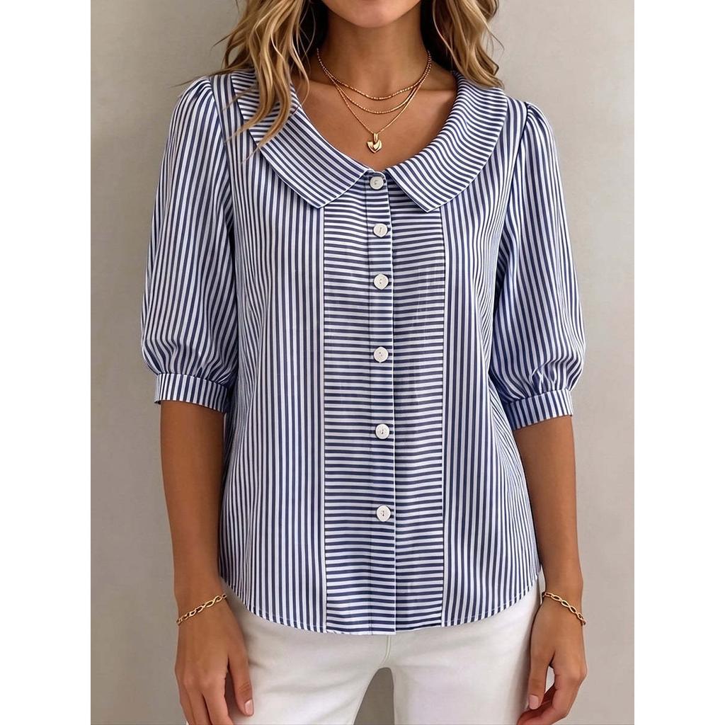 Women's Peter Pan Collar Puff Short Sleeve Vertical Stripe Single Breasted Loose Casual Blouse Shirt