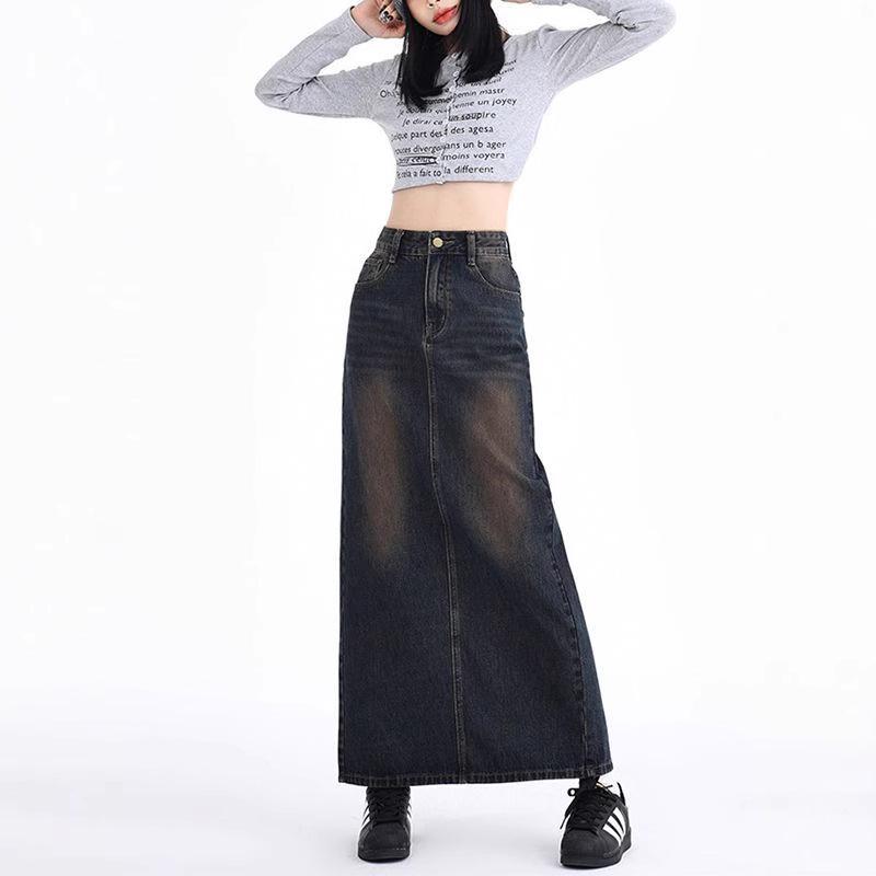 Women's High-Waist Slit Denim Midi Skirt - Versatile A-line, Slimming Fit for Spring & Autumn 2025