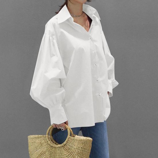 Turn-down Collar Single Breasted Anti-pilling Women Shirt Casual Lantern Sleeve Fashion Shirt Blouse Female Clothing