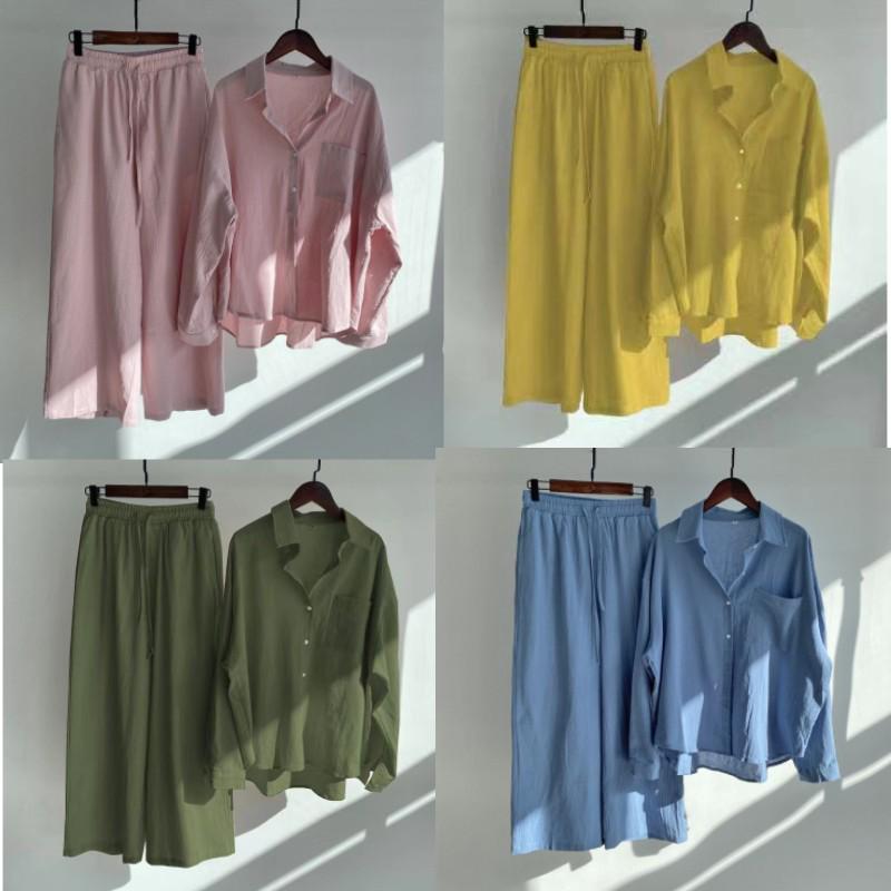 Women's Retro Two-Piece: Loose Shirt & High Waist Wide Leg Pants Suit