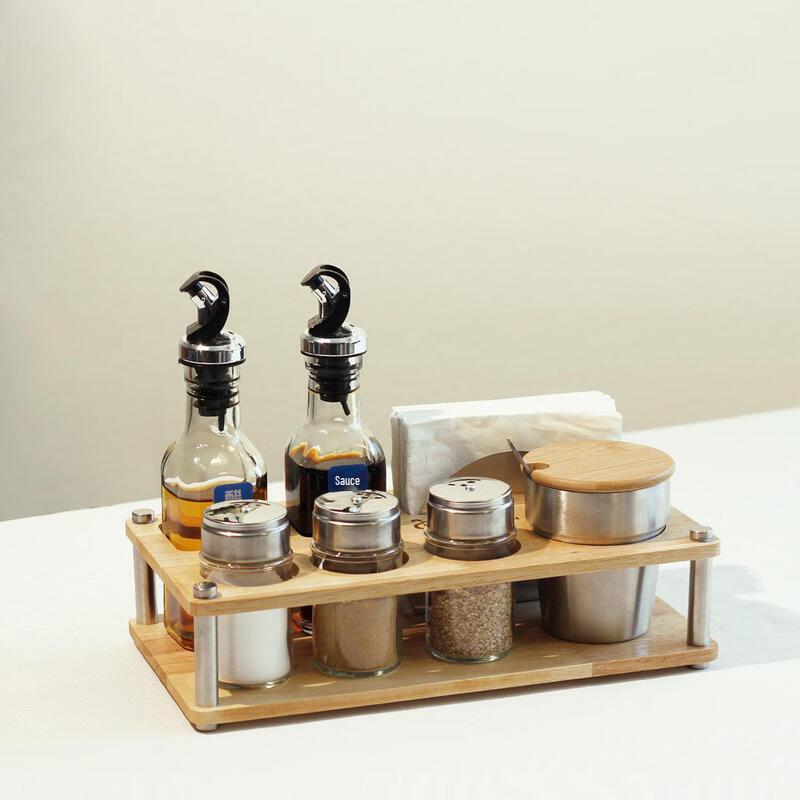 Tabletop Condiment Set with Solid Wood Base