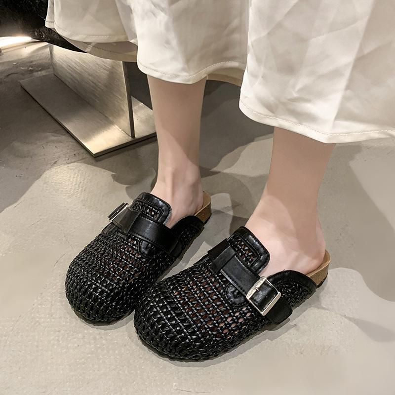2025 summer new woven fabric belt buckle half drag mesh surface woven comfortable soft bottom slippers bag head slippers