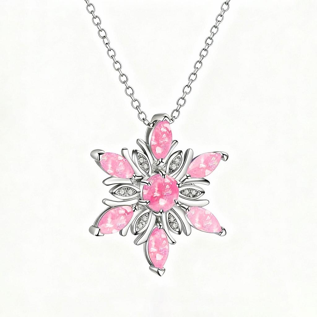 Snowflake Pendant Necklace - Imitation Opal Fashion Accessory for Christmas Parties