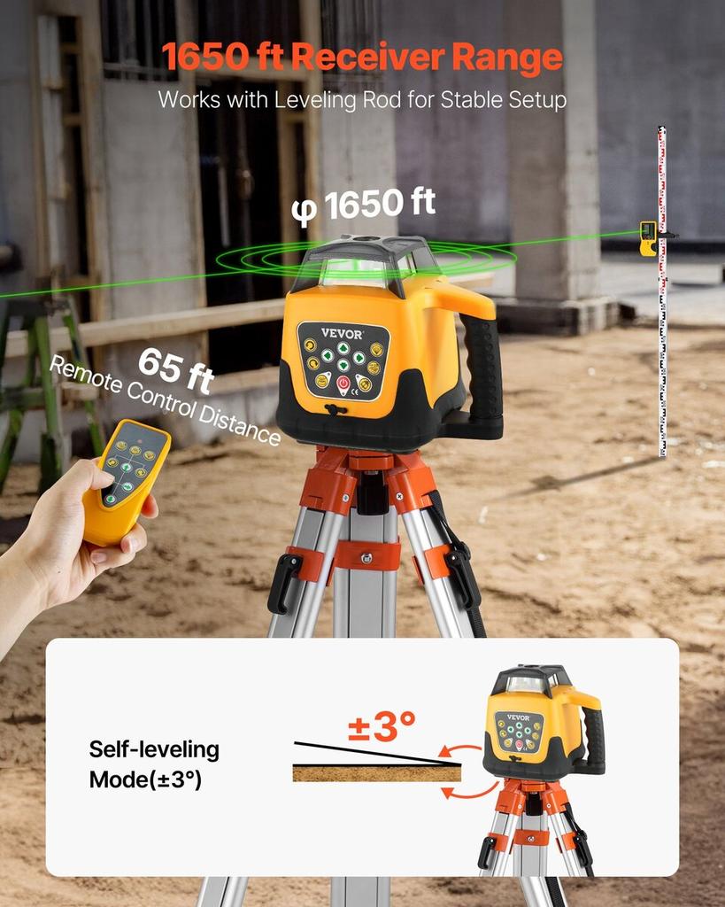 Rotary Laser Level Kit, with Tripod+Staff Gauge, Green Beam 500m Range Slope Adjustable 360-Degree Spinning, Flexible Scanning Angle, Accurate with