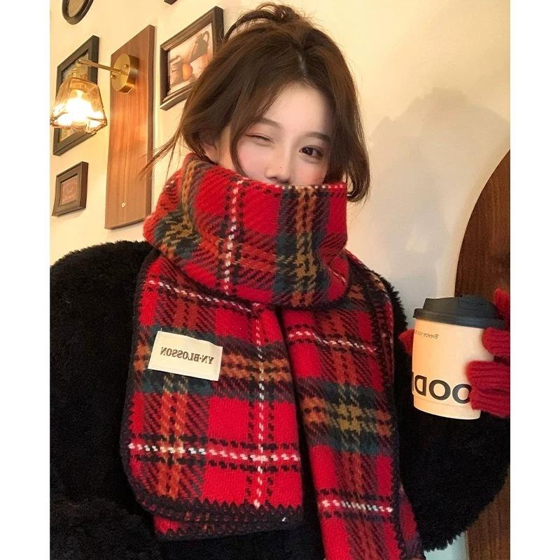 Mohair plaid scarf women's winter sea salt milk coffee blue thickened atmosphere warm student shawl scarf