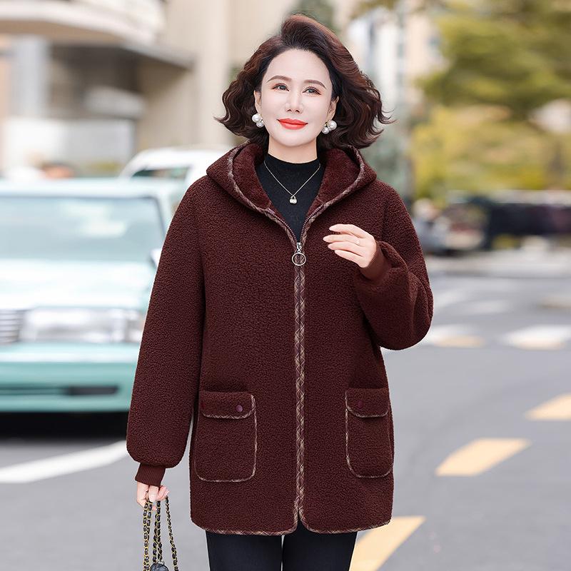 Mom's Winter Particle Fleece Hooded Jacket: Velvet-Thickened, Lambswool Cardigan for Middle-Aged and Elderly Women