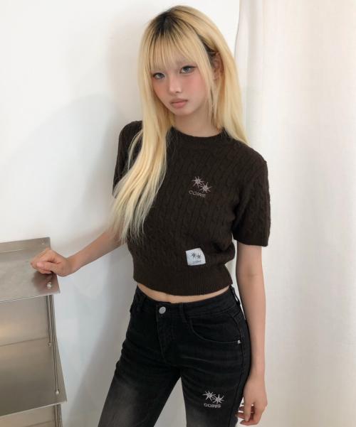 Koiliseu Celine Small Logo Short Sleeve Cable Knit (2 Colors)