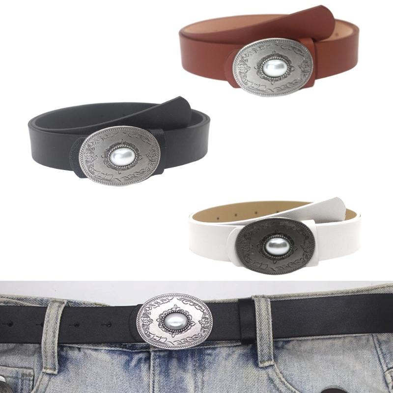 Vintage Pin Buckle PU Belt for Women Cool Subculture Oval Pearl Inlaid Buckle Belt Waistband for Teens Girls Accessory