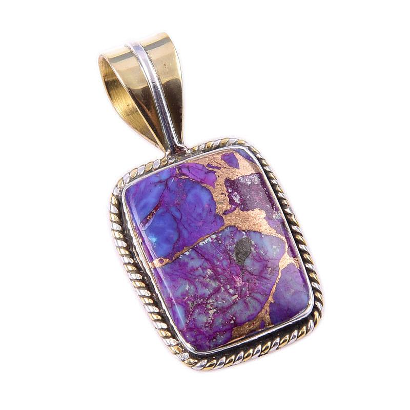 Natural Purple Copper Turquoise 925 Solid Silver Gift TwoTone Pendant1.25" h6q87